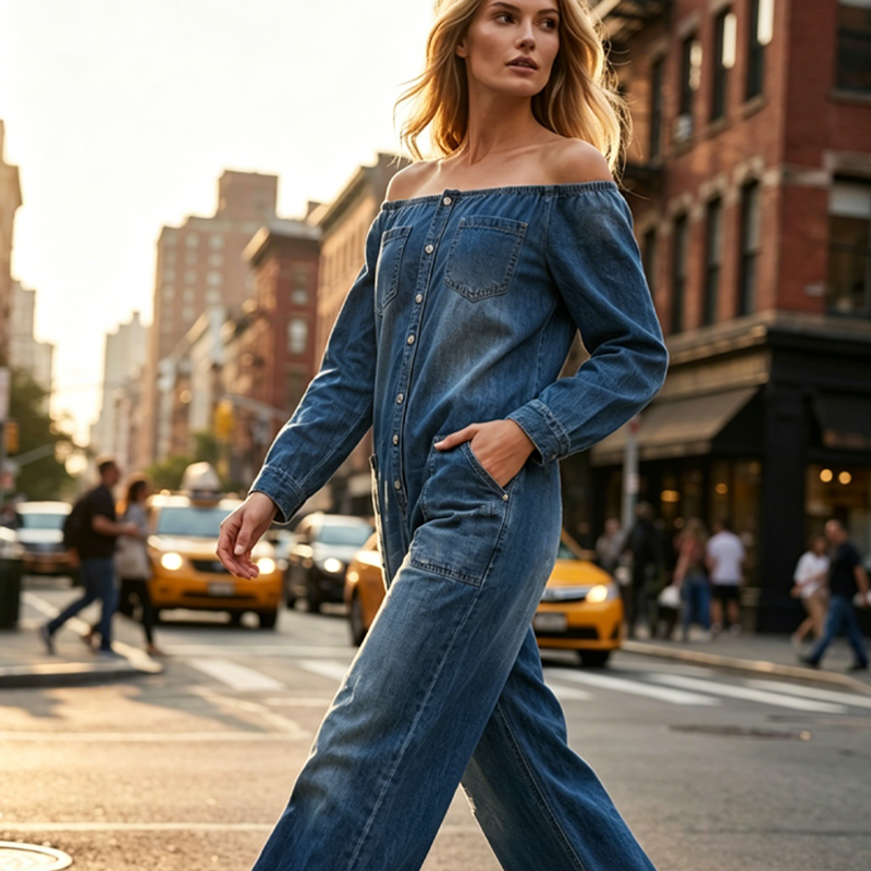 👖 🌬️ Off-Shoulder Denim-Jumpsuit mit weitem Bein – Lässiger Look, luftiger Schnitt & perfekt für Sommer und Urlaub ✨