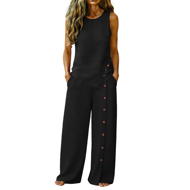 👕 NUR FÜR BEGRENZTE ZEIT: 50 % RABATT! ✨ 2-teiliges Set für Damen – ärmelloses Oberteil, Hose mit weitem Bein, 8 Farben 🌿