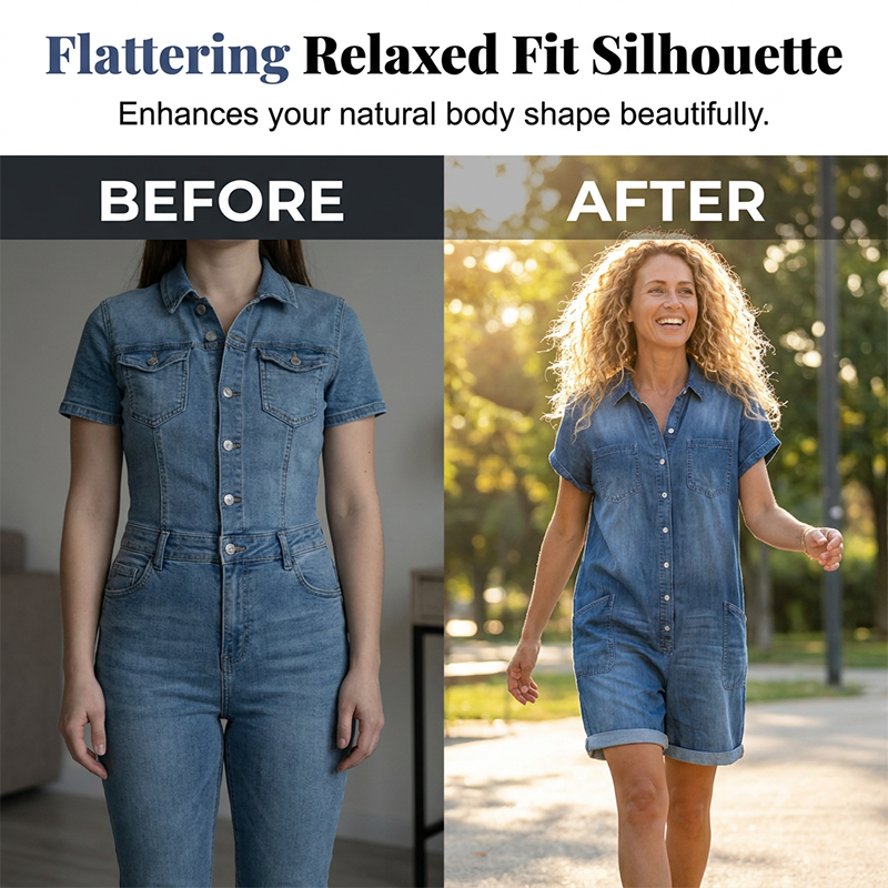 🌺 Damen Freizeit Denim-Overall mit kurzen Ärmeln – lässig, bequem & vielseitig für jeden Tag