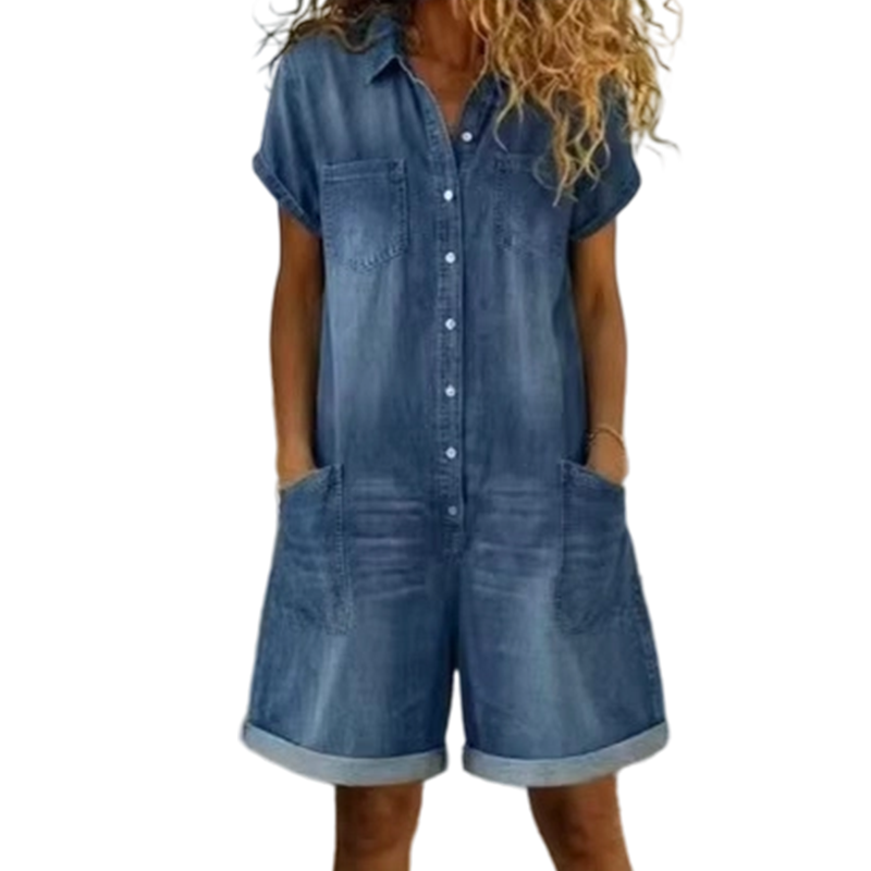 🌺 Damen Freizeit Denim-Overall mit kurzen Ärmeln – lässig, bequem & vielseitig für jeden Tag
