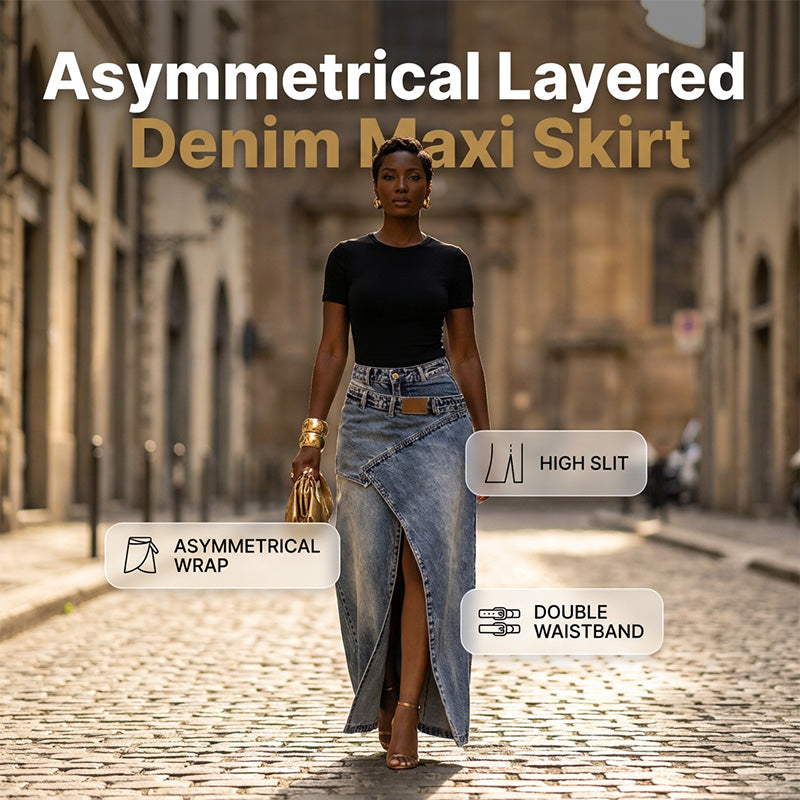 ✨Damen Denim-Maxirock mit mehrlagiger Taille