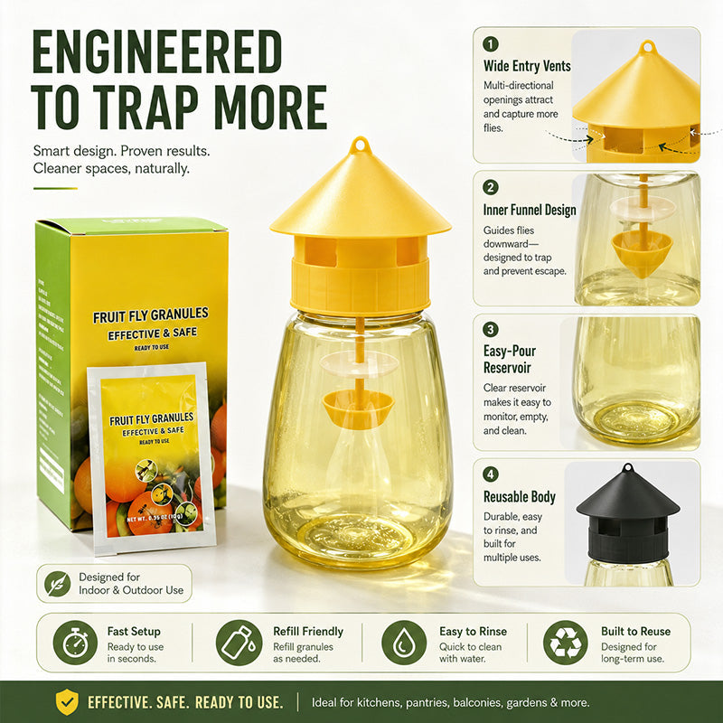 ❄️Sommerfrische 50 % Rabatt!🌿Wiederverwendbare Fliegenfalle mit Lockstoff – Insektizidfreier Fruchtfliegenfänger für Küche, Terrasse & Garten