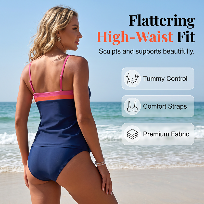 Women Two-Piece Tankini Color Block Conservative Swimsuit Set