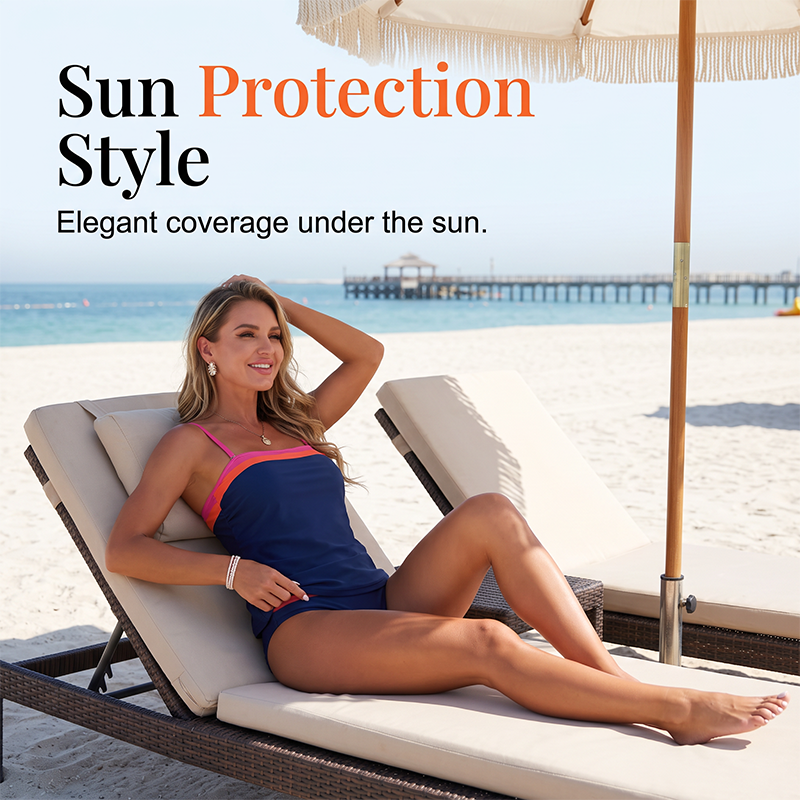 Women Two-Piece Tankini Color Block Conservative Swimsuit Set