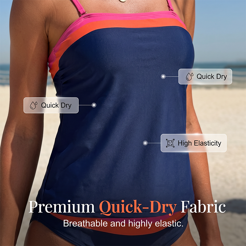 Women Two-Piece Tankini Color Block Conservative Swimsuit Set
