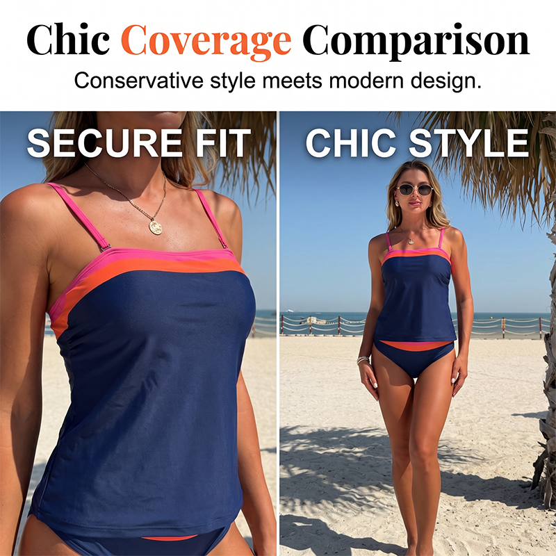 Women Two-Piece Tankini Color Block Conservative Swimsuit Set