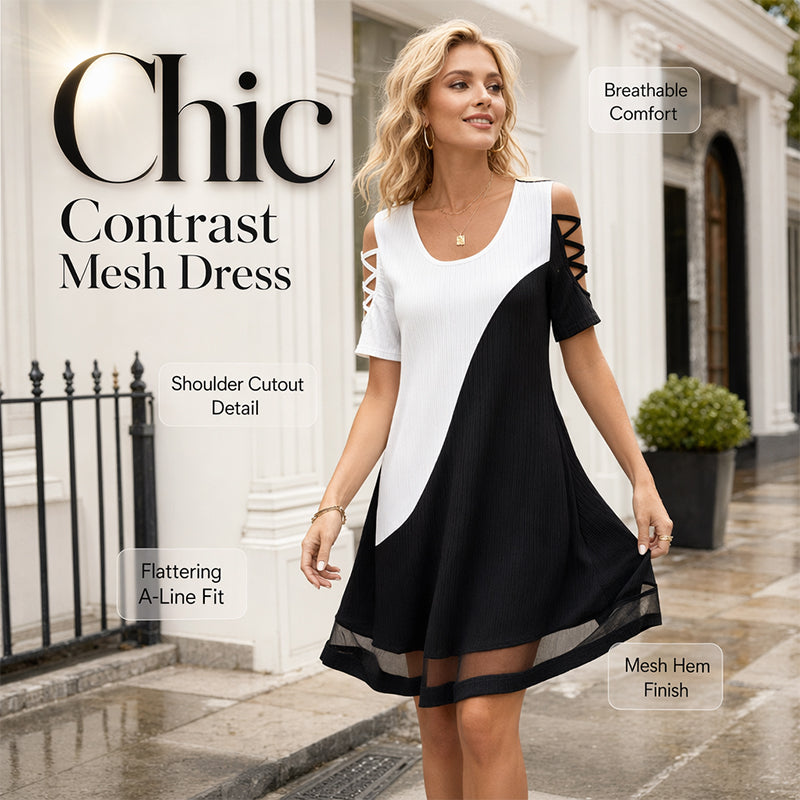 ⌛Zeitlich begrenztes Angebot – Midi-Kleid für Damen mit Rundhalsausschnitt im Color-Block-Design und Mesh-Saum