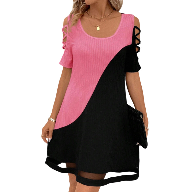 ⌛Zeitlich begrenztes Angebot – Midi-Kleid für Damen mit Rundhalsausschnitt im Color-Block-Design und Mesh-Saum