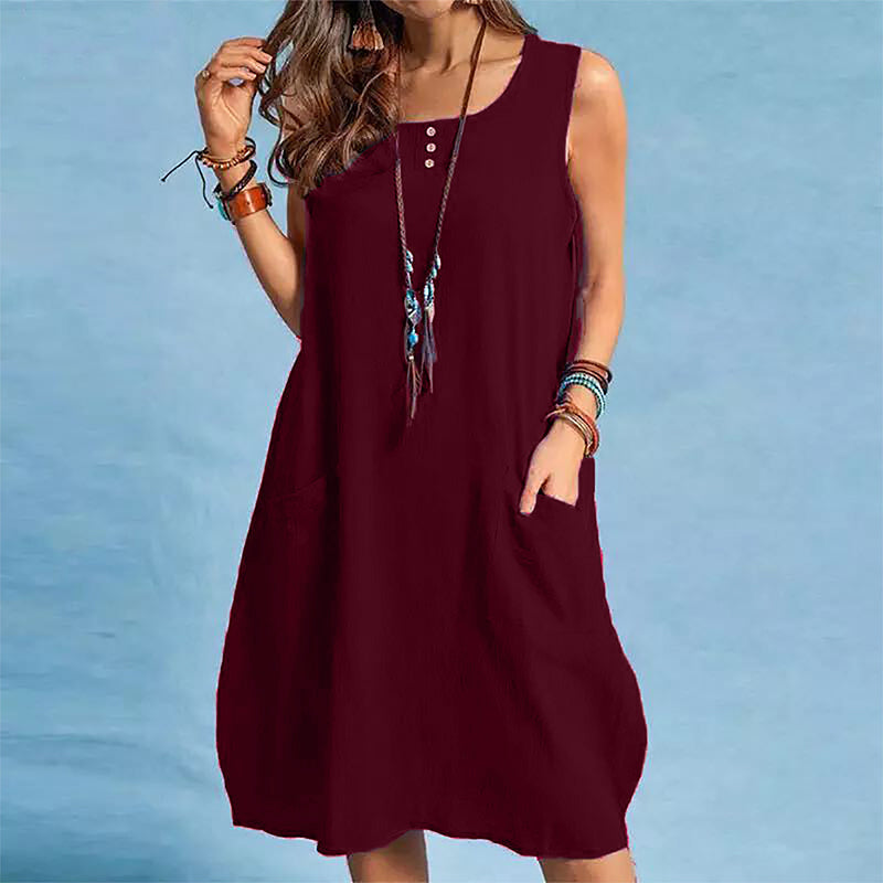 Neu eingetroffen✨🌿 Ärmelloses Kleid aus Leinenmischung in lockerer Passform mit Seitentaschen – müheloser Sommer-Style