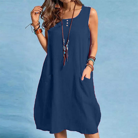 Neu eingetroffen✨🌿 Ärmelloses Kleid aus Leinenmischung in lockerer Passform mit Seitentaschen – müheloser Sommer-Style