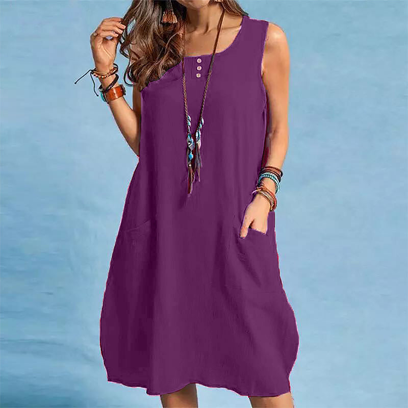Neu eingetroffen✨🌿 Ärmelloses Kleid aus Leinenmischung in lockerer Passform mit Seitentaschen – müheloser Sommer-Style