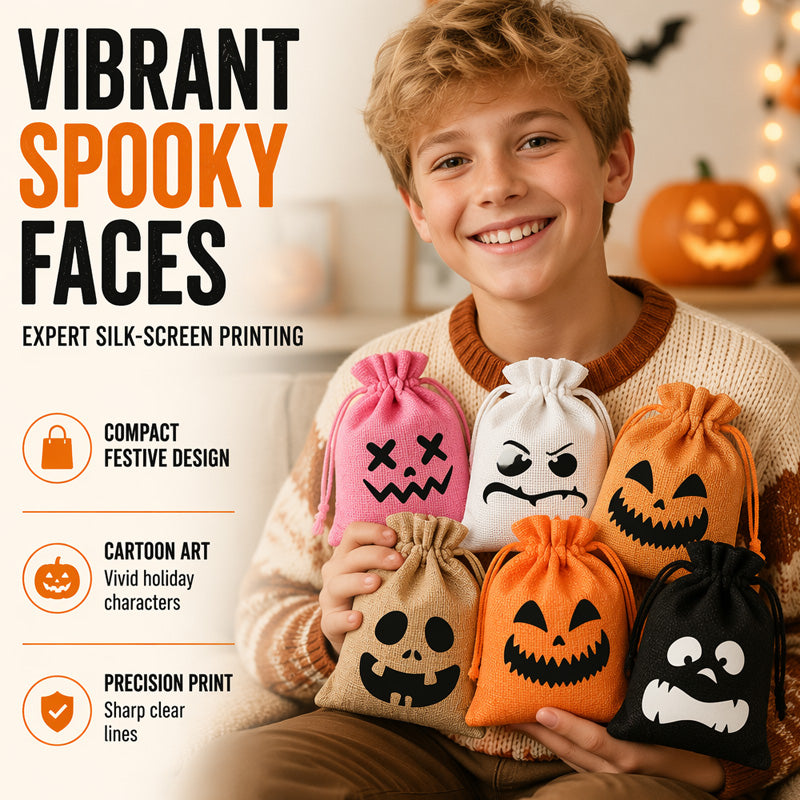 👻Nur für kurze Zeit: 2+1 GRATIS🎃Halloween Jute-Beutel mit Kordelzug und Gruseligem Gesicht