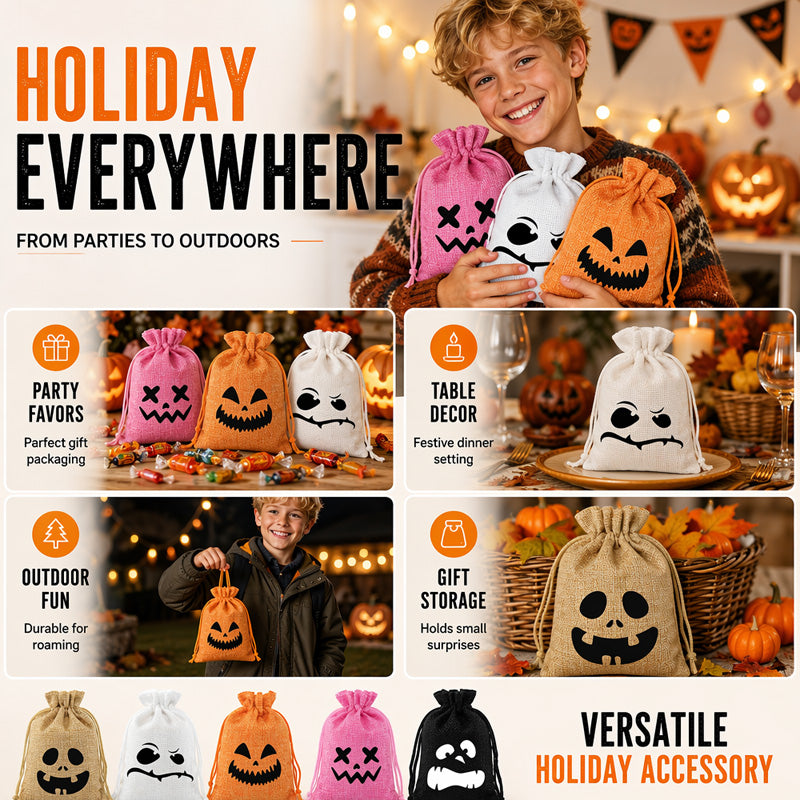 👻Nur für kurze Zeit: 2+1 GRATIS🎃Halloween Jute-Beutel mit Kordelzug und Gruseligem Gesicht