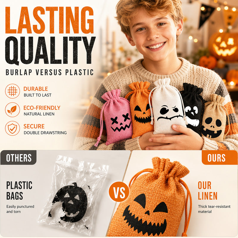 👻Nur für kurze Zeit: 2+1 GRATIS🎃Halloween Jute-Beutel mit Kordelzug und Gruseligem Gesicht