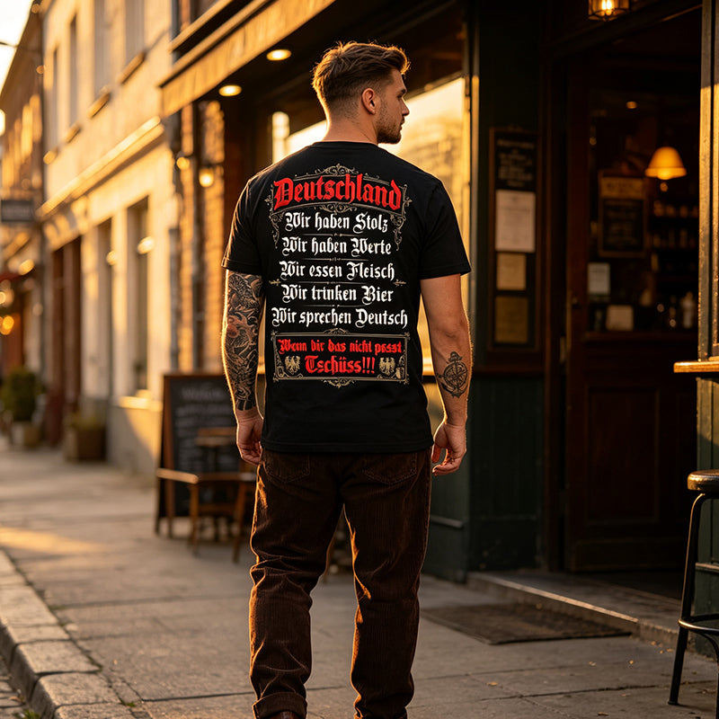 🍺 50 % Rabatt – Lustiges Deutschland-T-Shirt mit Bier-, Fleisch- & Stolz-Text – atmungsaktiv, bequem & perfekt für Oktoberfest & Feiern 🥩