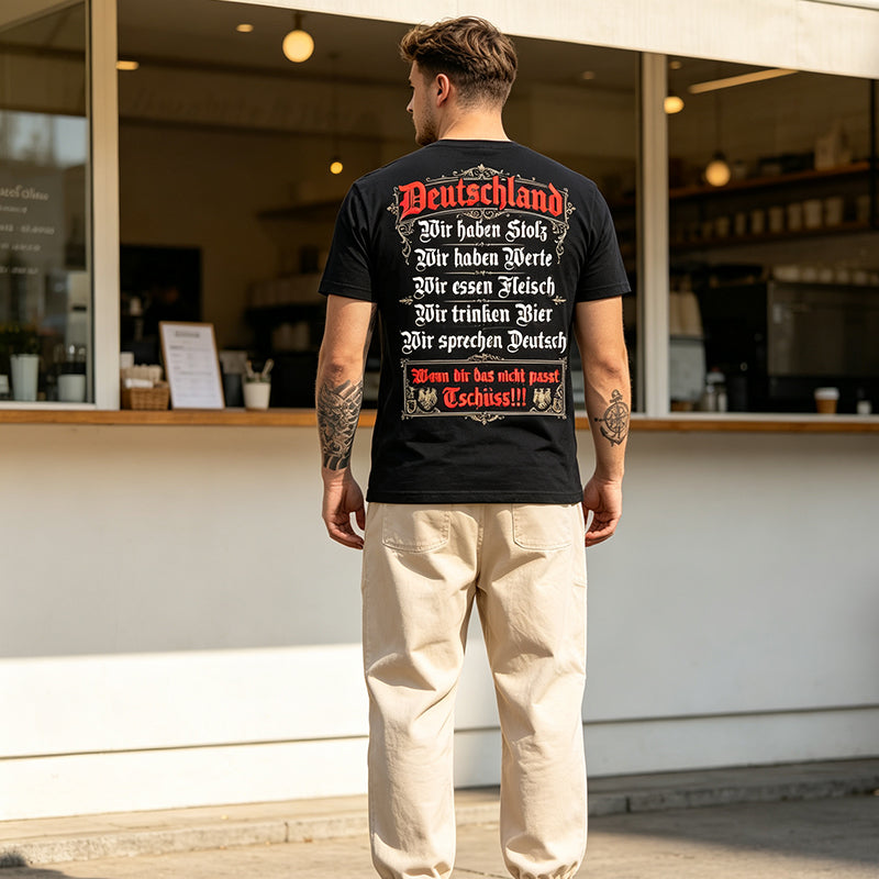 🍺 50 % Rabatt – Lustiges Deutschland-T-Shirt mit Bier-, Fleisch- & Stolz-Text – atmungsaktiv, bequem & perfekt für Oktoberfest & Feiern 🥩