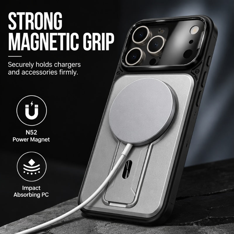 Magnetische Handyhülle mit klappbarem Kamera-Objektivschutz und unsichtbarem Ständer
