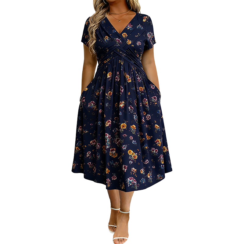 🌸🔥50% RABATT!🔥🔥Blumiges V-Ausschnitt-Kleid mit Taillendrehung – elegant und lässig für jeden Anlass