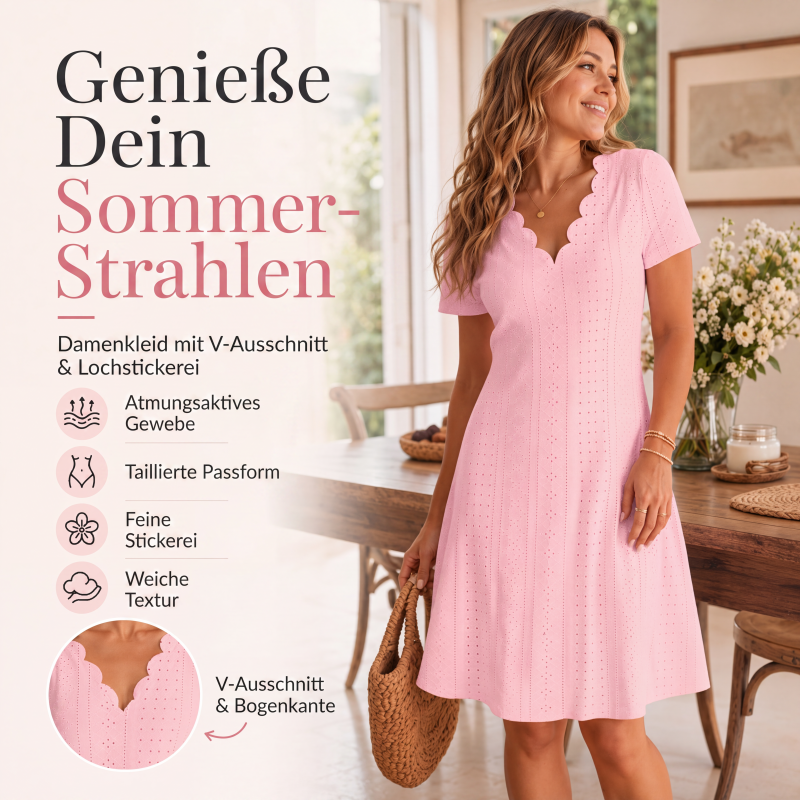 👗50% RABATT - V-Ausschnitt Lochstickerei-Kleid mit Muschelsaum – Leicht & Romantisch für Gartenpartys oder Brunch 🌿