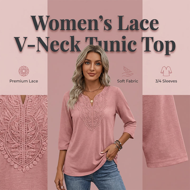 ☀️👚Top-Empfehlung – Bluse mit V-Ausschnitt und Spitzenbesatz – atmungsaktiver Stoff und figurschmeichelnder Fall für Arbeit oder Wochenende 🌿