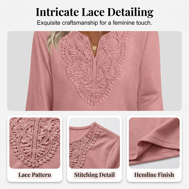 ☀️👚Top-Empfehlung – Bluse mit V-Ausschnitt und Spitzenbesatz – atmungsaktiver Stoff und figurschmeichelnder Fall für Arbeit oder Wochenende 🌿