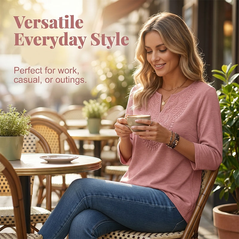 ☀️👚Top-Empfehlung – Bluse mit V-Ausschnitt und Spitzenbesatz – atmungsaktiver Stoff und figurschmeichelnder Fall für Arbeit oder Wochenende 🌿