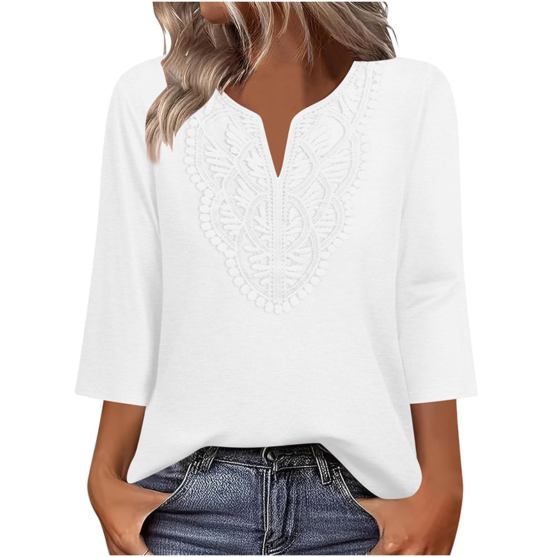 ☀️👚Top-Empfehlung – Bluse mit V-Ausschnitt und Spitzenbesatz – atmungsaktiver Stoff und figurschmeichelnder Fall für Arbeit oder Wochenende 🌿