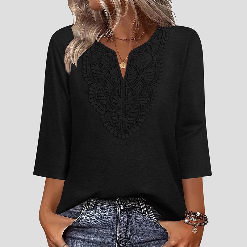 ☀️👚Top-Empfehlung – Bluse mit V-Ausschnitt und Spitzenbesatz – atmungsaktiver Stoff und figurschmeichelnder Fall für Arbeit oder Wochenende 🌿