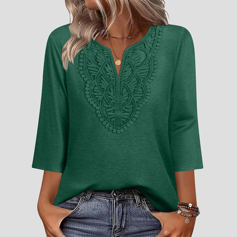 ☀️👚Top-Empfehlung – Bluse mit V-Ausschnitt und Spitzenbesatz – atmungsaktiver Stoff und figurschmeichelnder Fall für Arbeit oder Wochenende 🌿
