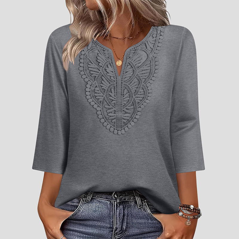 ☀️👚Top-Empfehlung – Bluse mit V-Ausschnitt und Spitzenbesatz – atmungsaktiver Stoff und figurschmeichelnder Fall für Arbeit oder Wochenende 🌿