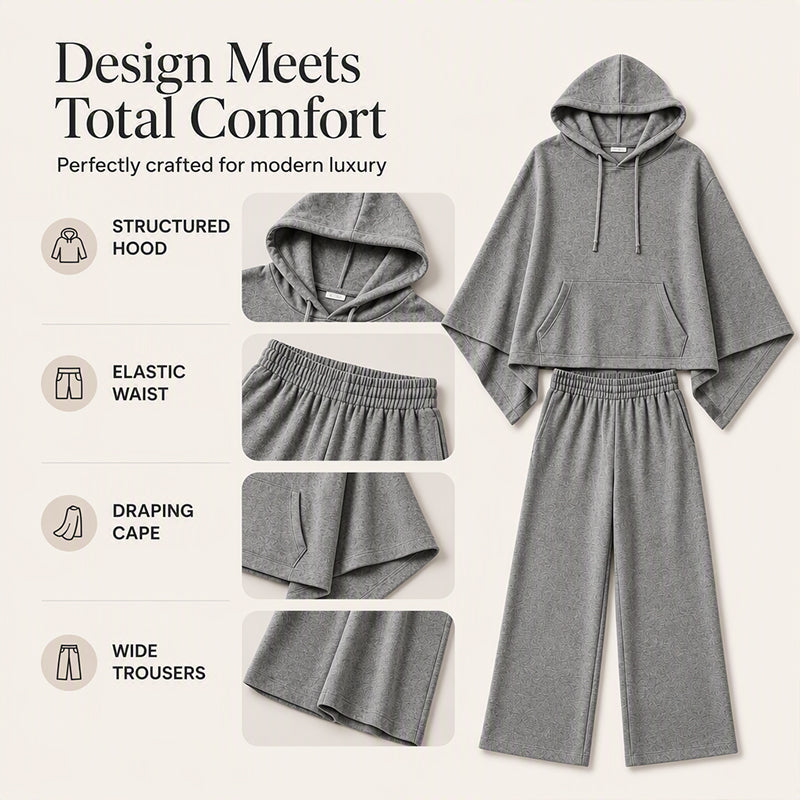 Damen‑Set mit lockerem Kapuzen‑Cape‑Top und Wide‑Leg‑Hosen