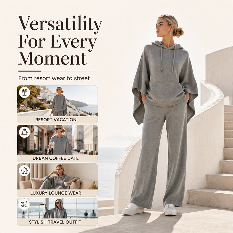 Damen‑Set mit lockerem Kapuzen‑Cape‑Top und Wide‑Leg‑Hosen