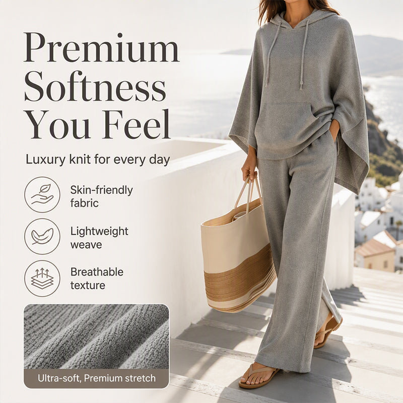 Damen‑Set mit lockerem Kapuzen‑Cape‑Top und Wide‑Leg‑Hosen