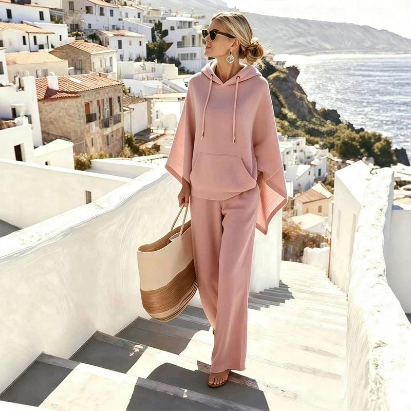 Damen‑Set mit lockerem Kapuzen‑Cape‑Top und Wide‑Leg‑Hosen