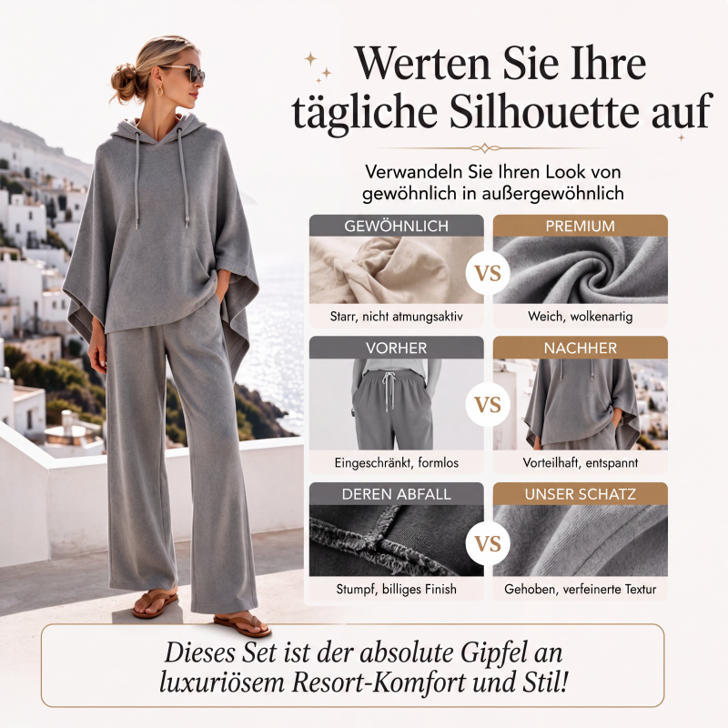 Weites Kapuzen-Cape-Oberteil & Weite-Hosen-Set für Damen