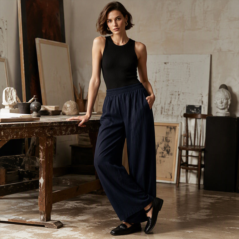 Damen-Hose mit elastischem Bund und weitem Bein