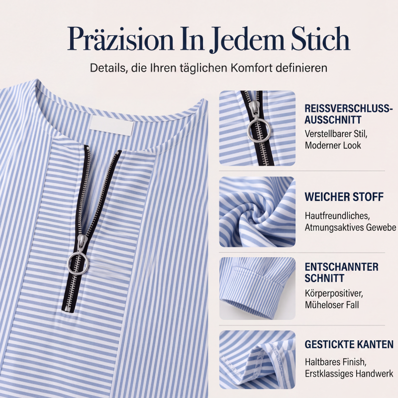 🌸 Langarm-Top mit Streifen & Reißverschluss – Leichter Stoff, bequemer Schnitt & vielseitig kombinierbar – Ideal für die Übergangszeit & entspannte Stunden versandfrei