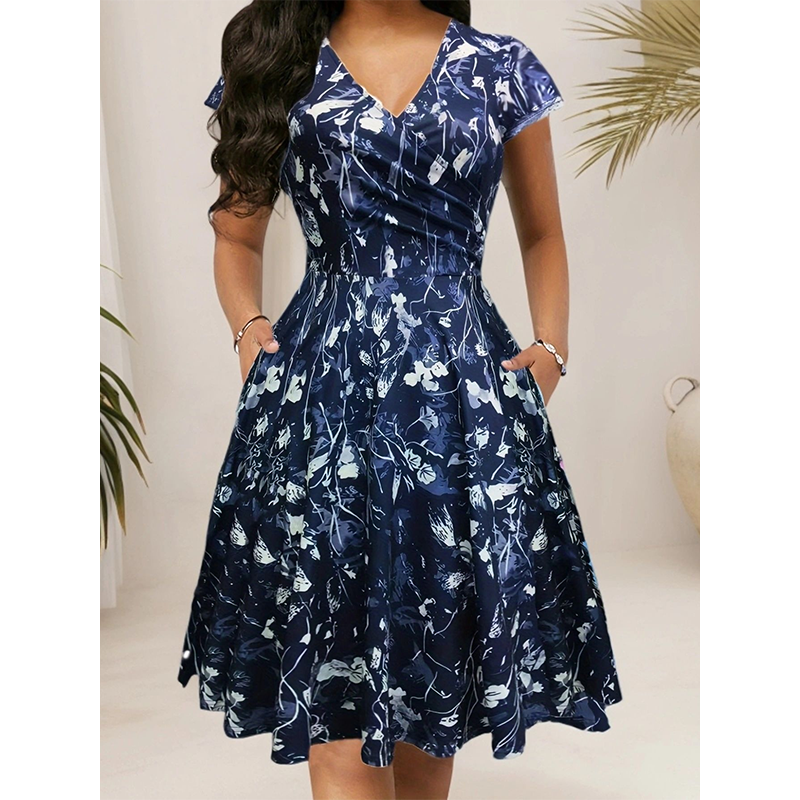 Elegantes bedrucktes Damenkleid mit Taschen