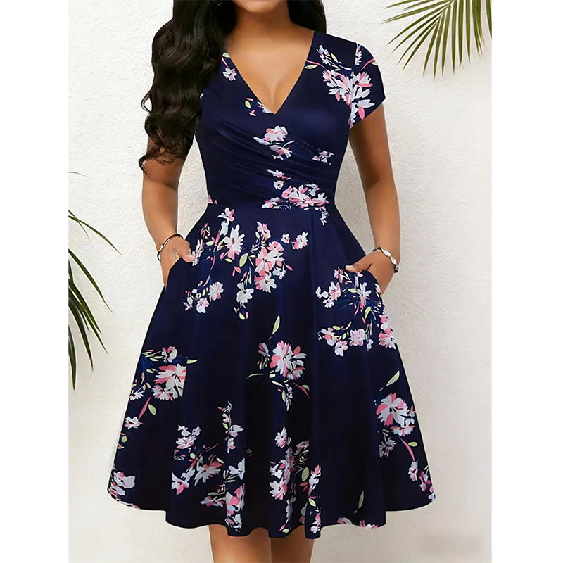 Elegantes bedrucktes Damenkleid mit Taschen