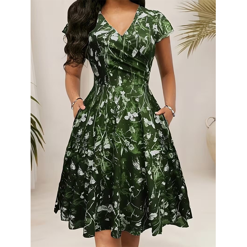Elegantes bedrucktes Damenkleid mit Taschen