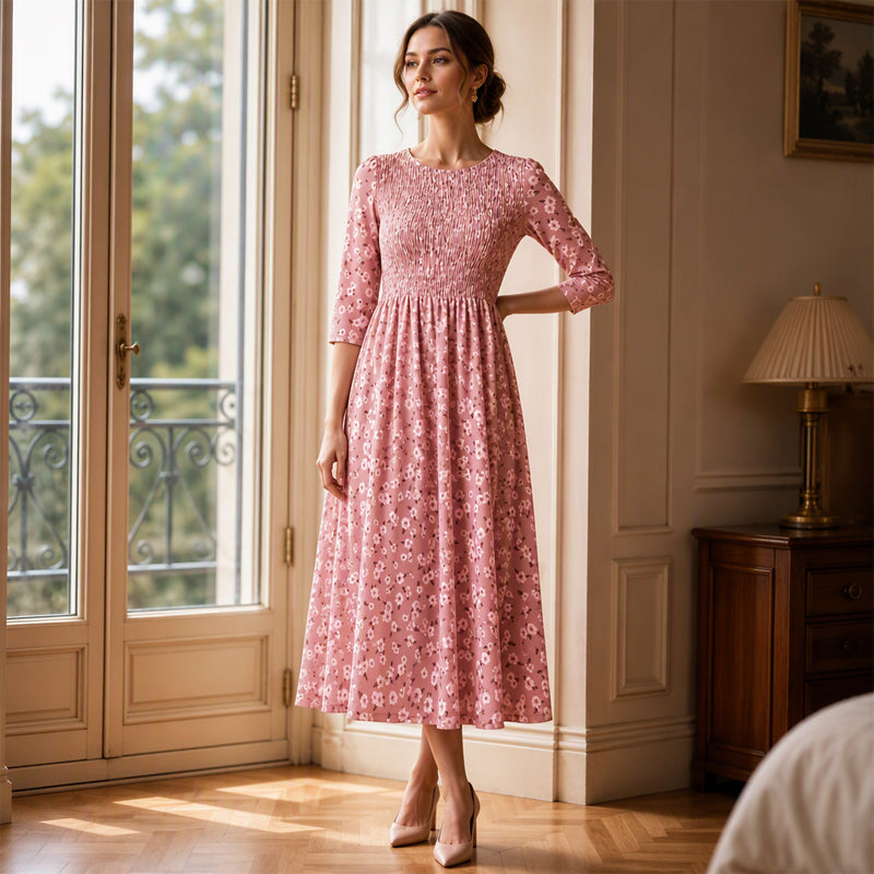 📢📢50%Rabatt!!!🎉✨Damen-Kleid mit Smoknähten und Blumenmuster
