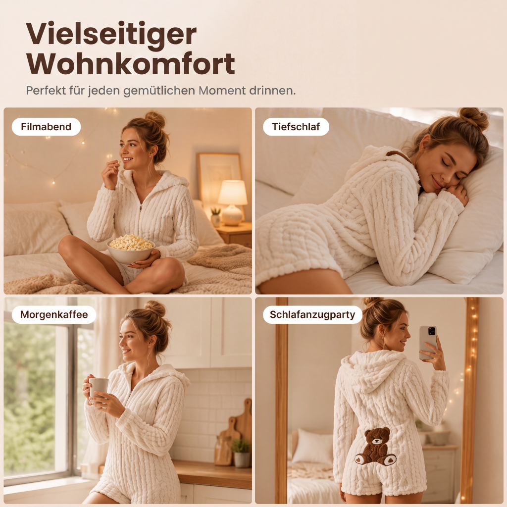 🧸☁️Herbst-Bestseller – 50 % Rabatt！✨Plüsch-Jumpsuit mit Kapuze und langen Ärmeln für Damen