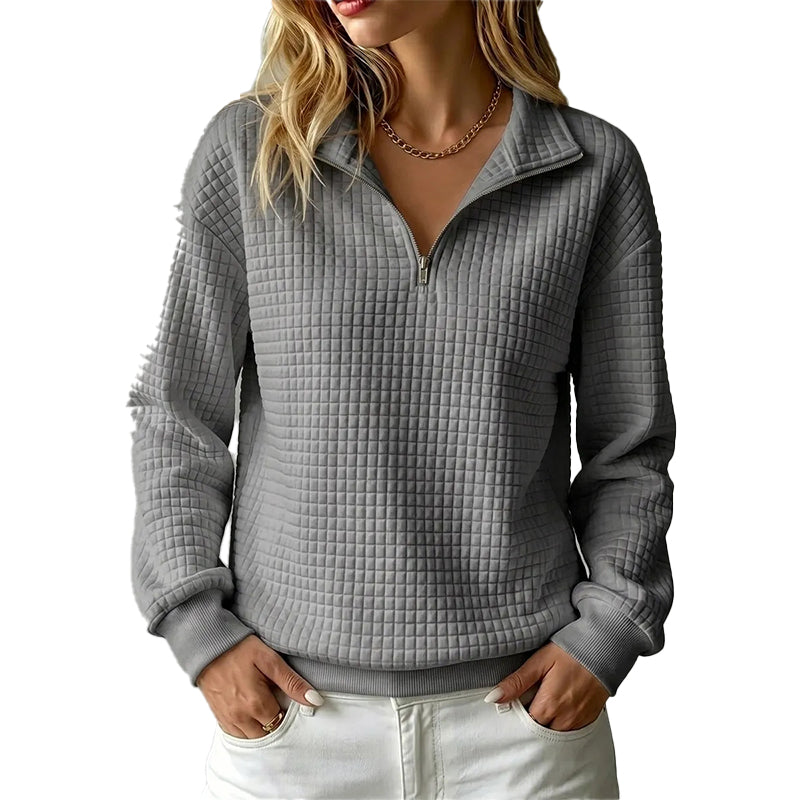 ✨Damen gestepptes Grid-Sweatshirt mit halbem Reißverschluss