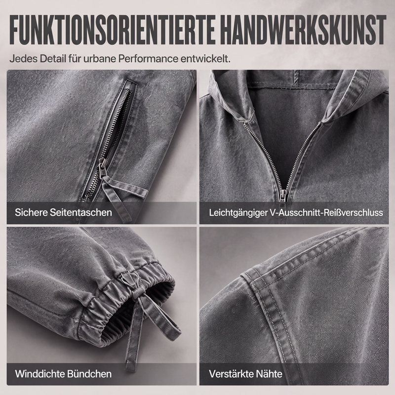 Herren Vintage-gewaschenes Kapuzenoberteil mit Halbreißverschluss