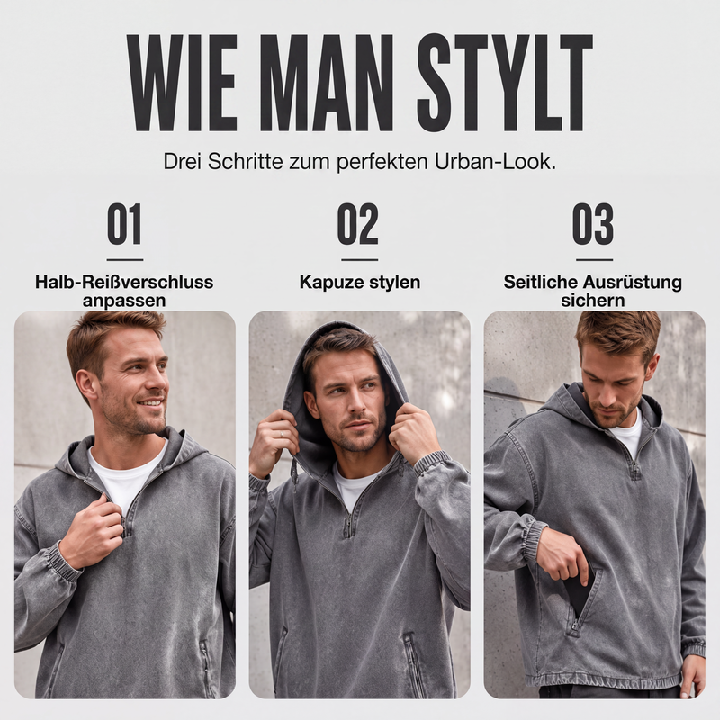 Herren Vintage-gewaschenes Kapuzenoberteil mit Halbreißverschluss
