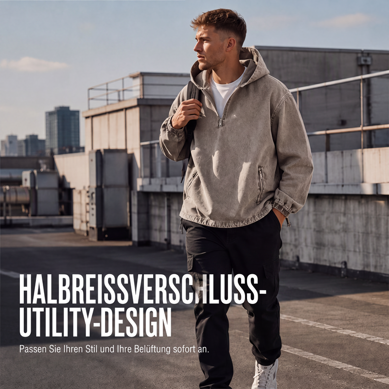 Herren Vintage-gewaschenes Kapuzenoberteil mit Halbreißverschluss