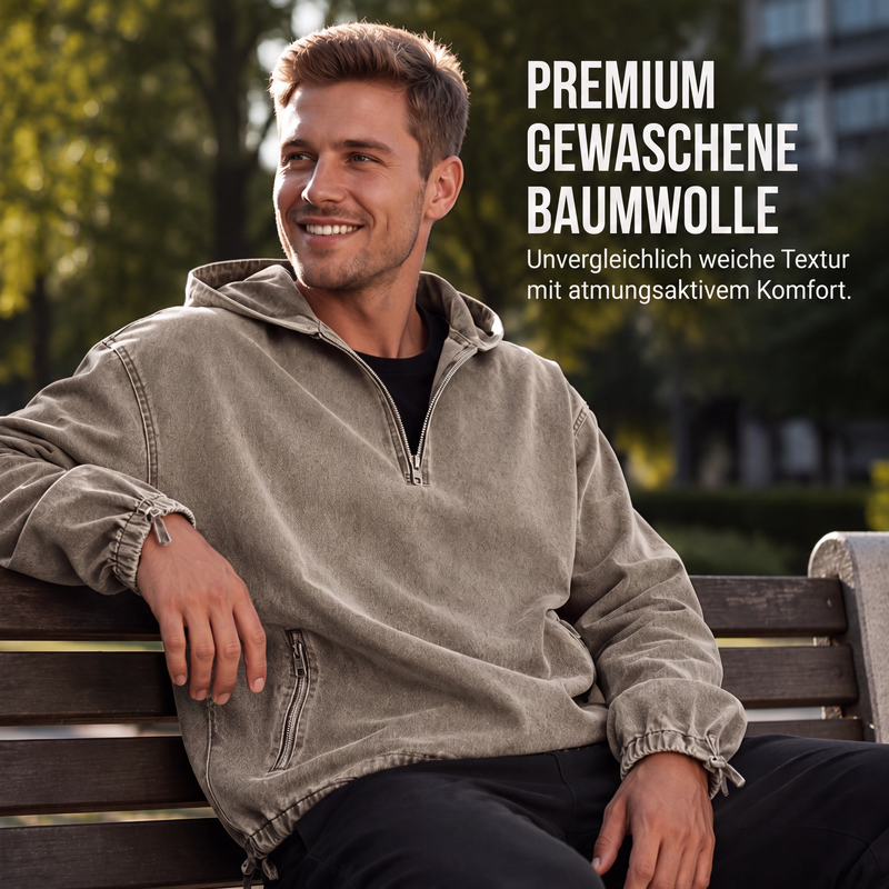 Herren Vintage-gewaschenes Kapuzenoberteil mit Halbreißverschluss