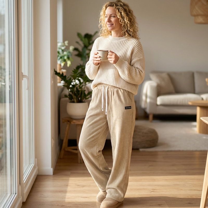 Damen-Cordhose mit weitem Bein und Kordelzug