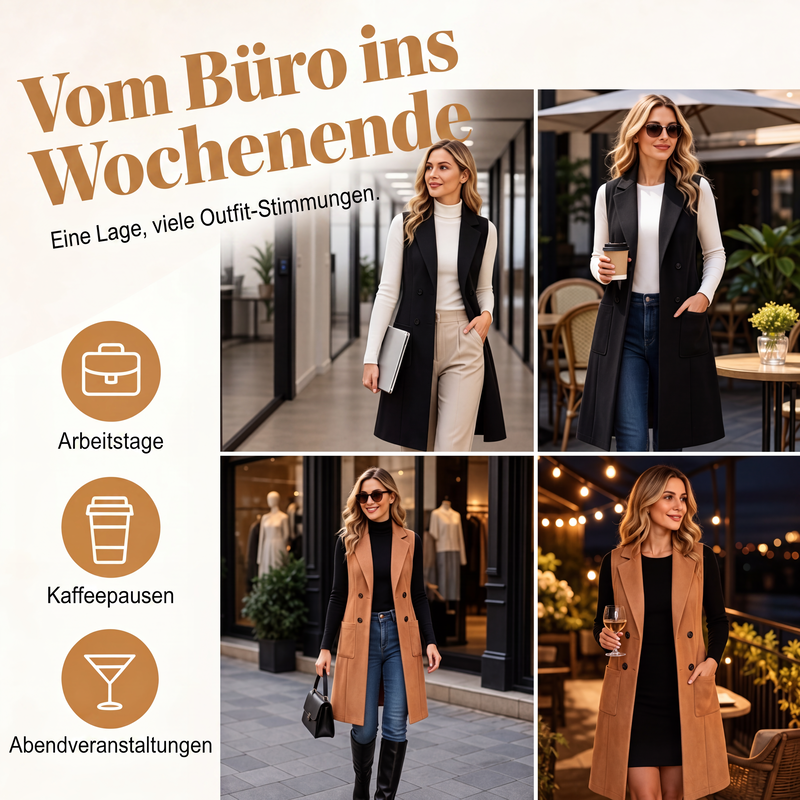 🧥🍁Neue Kollektion – 50 % Rabatt！🤎Schicke, ärmellose Longjacke für Damen mit offenem Vorderteil