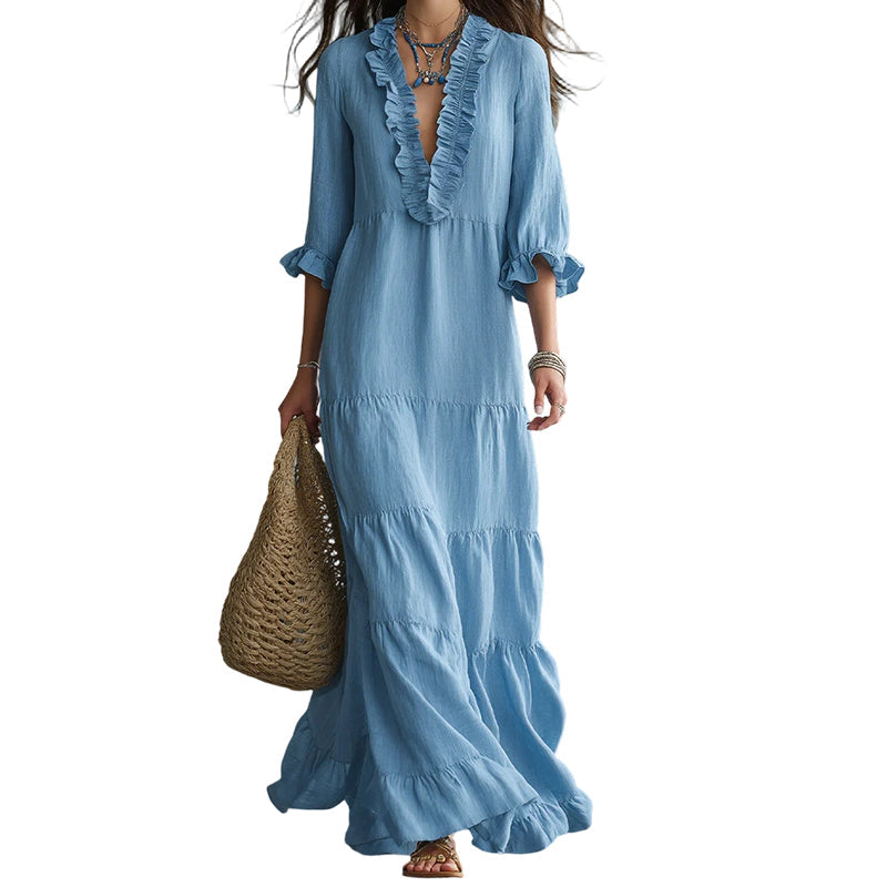 📢📢50%Rabatt!!!🎉✨Damen Maxikleid mit Volants, V-Ausschnitt und Stufen
